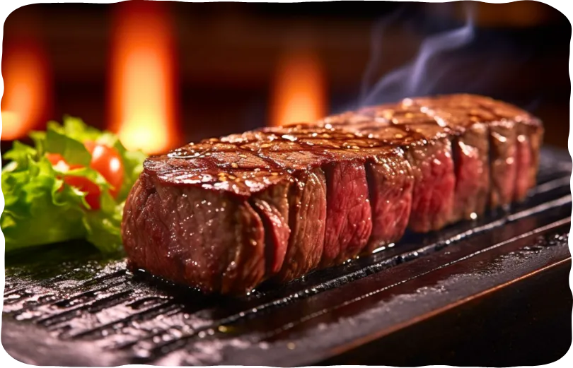 画像:ステーキ肉を鉄板の上で焼いている様子